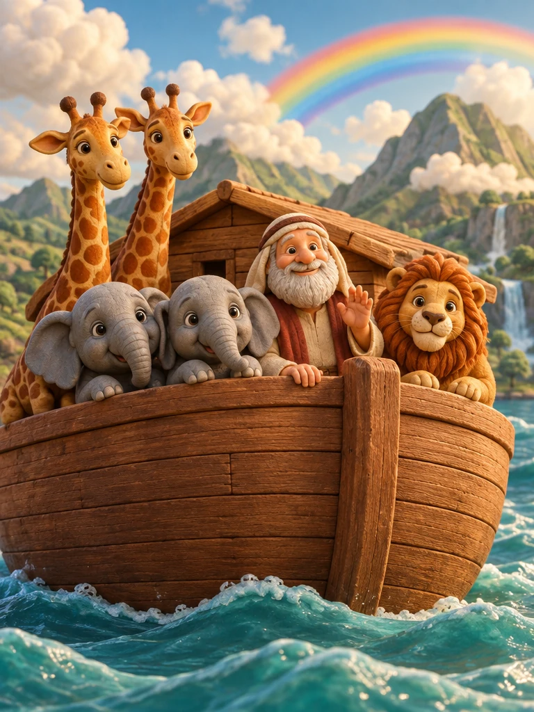 Noé com animais na arca sob o arco-íris, em ilustração 3D — imagem criada no Zeal