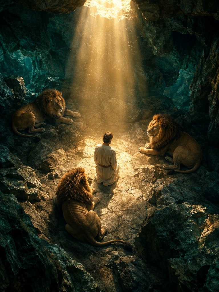 Daniel na cova dos leões, cercado por luz dourada — imagem criada no Zeal